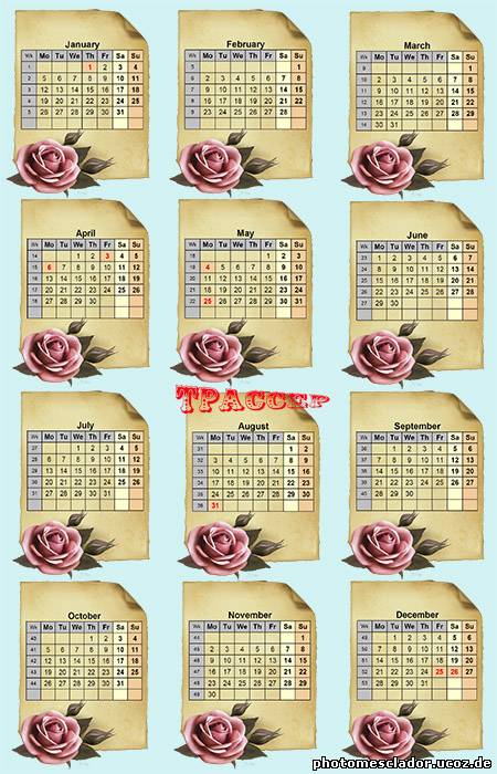 Календарная сетка на 2015 год – алая роза